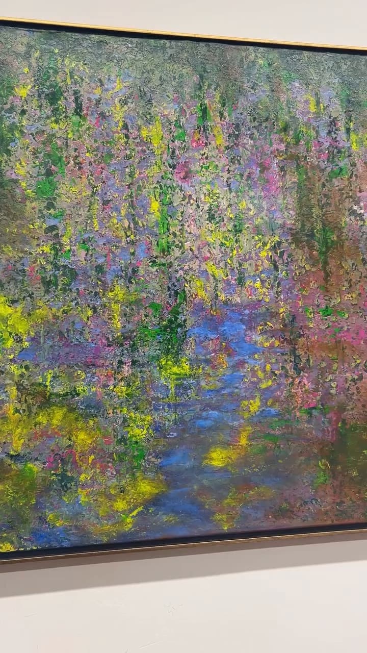 By the Rivers of Babylon, lilac, yellow and green dabs like willow branches above a blue stream, on the wall