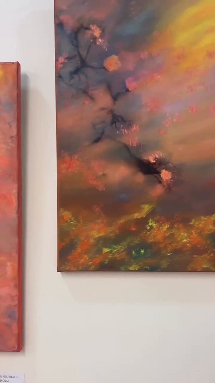 Parfum d’été 3, dark branches and coral blossoms against an orange sky, the painting on the exhibition poster