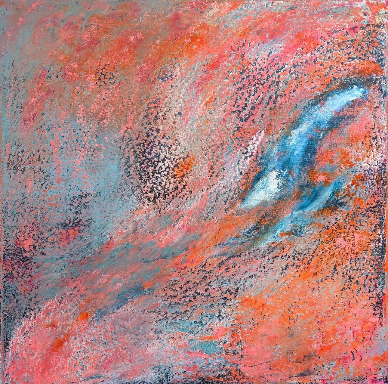 Abstract painting in coral, salmon pink and orange with granular texture, crossed by a rising sweep of turquoise and white