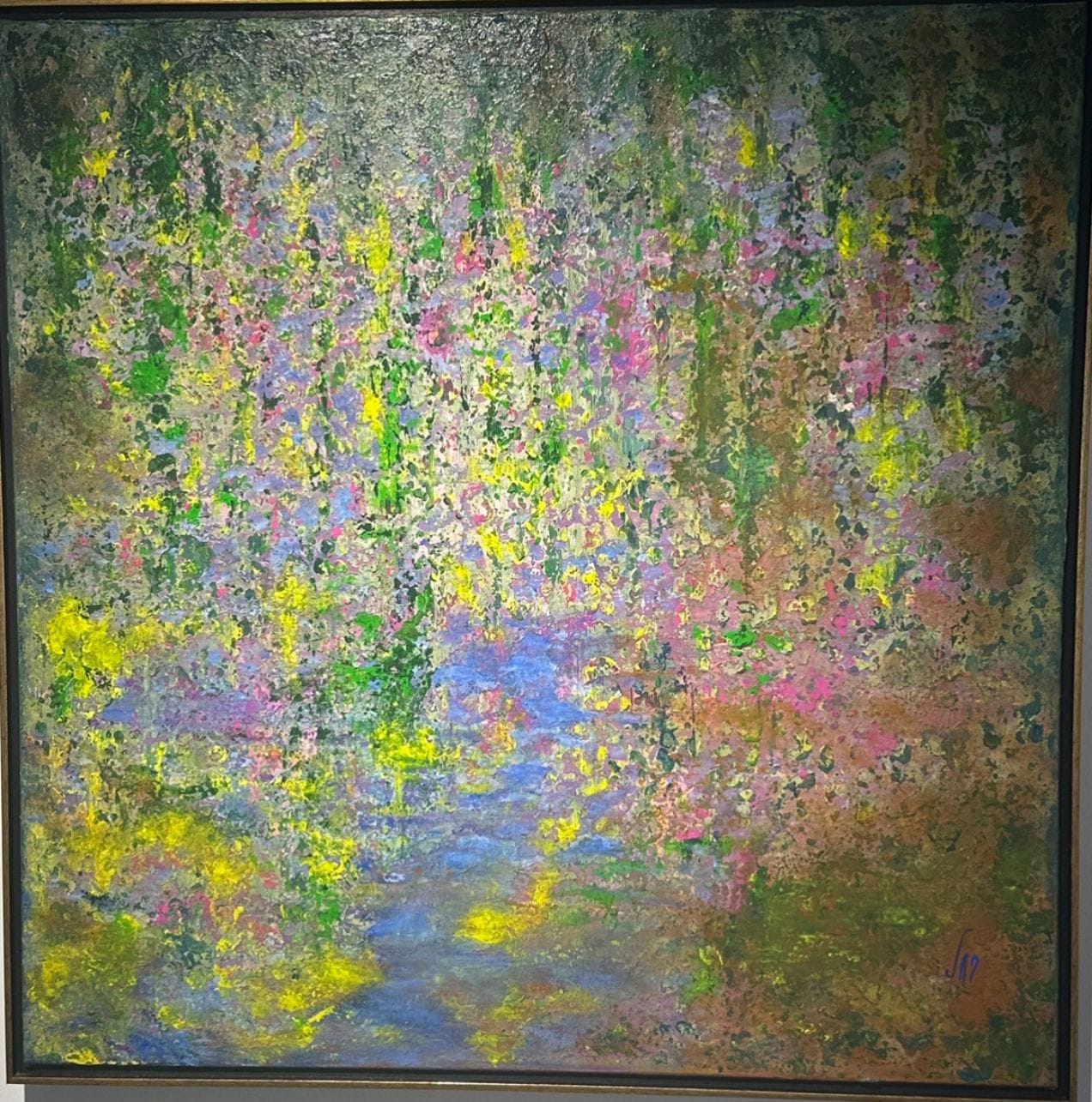 Impressionistic painting of pink, lilac and yellow willow-like foliage hanging over a winding blue stream, in textured dabs