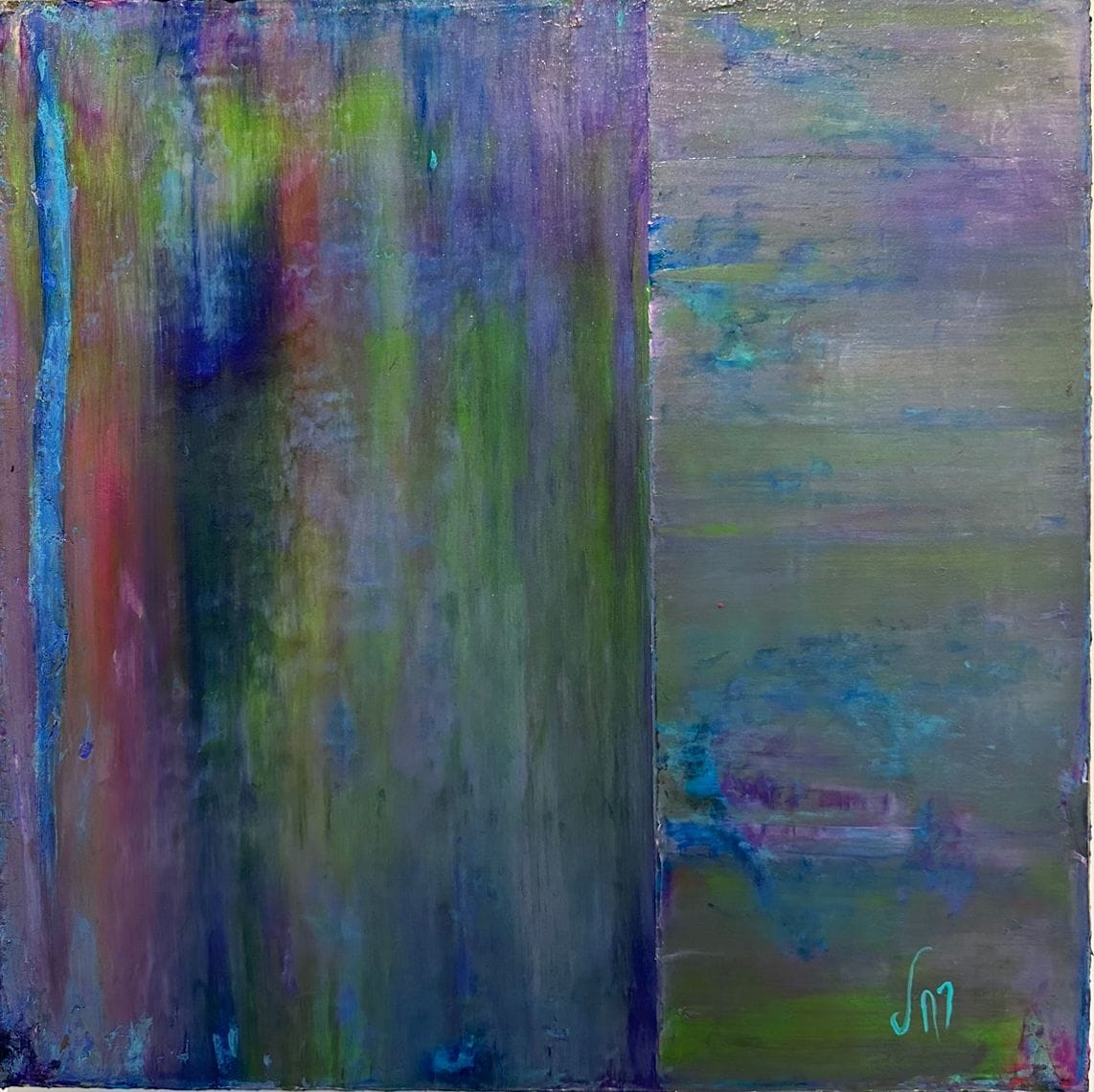 Abstract painting in two panels: vertical violet, blue and green streaks on the left, horizontal lilac bands on the right