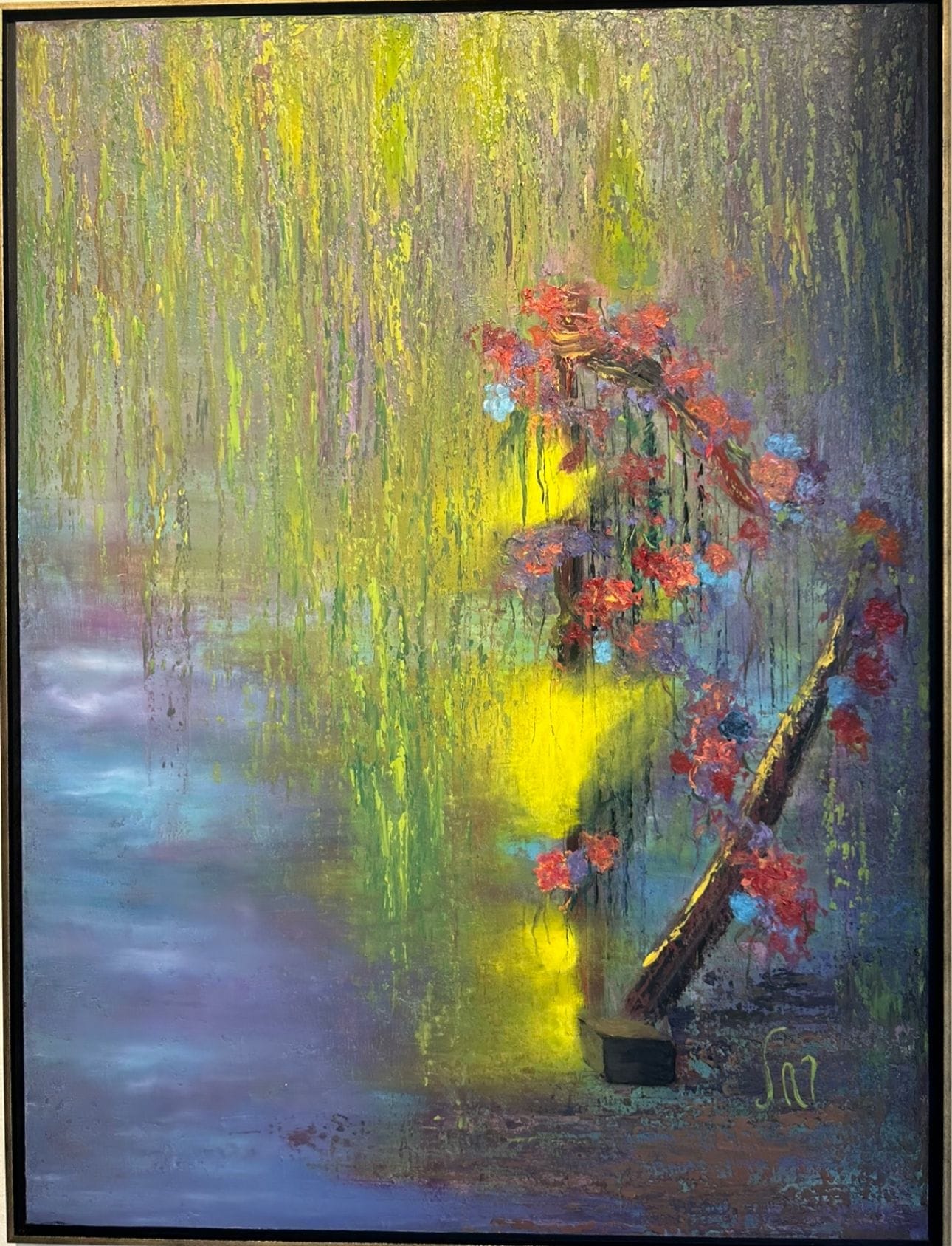 Oil painting of a wooden harp entwined with red and blue flowers under willow-like yellow-green drips, beside misty water