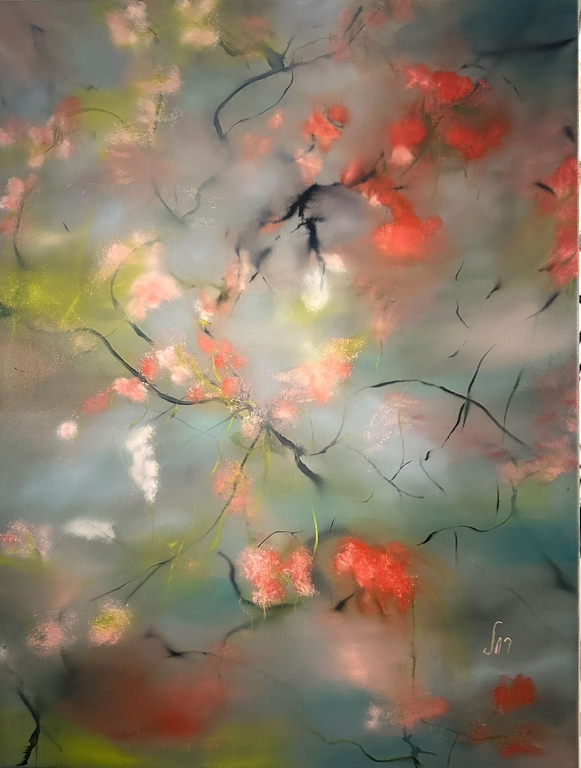 Oil painting of blurred coral, pink and white blossoms on a hazy grey and teal background, crossed by fine black lines