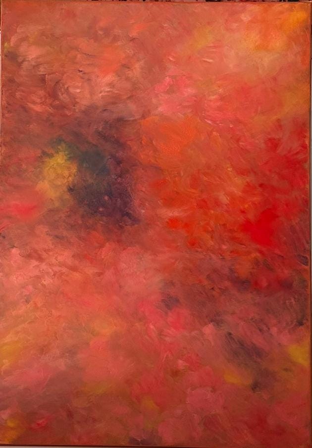 Abstract painting in dense red, terracotta and crimson strokes, with a dark purple-brown hollow and a yellow glow at top left