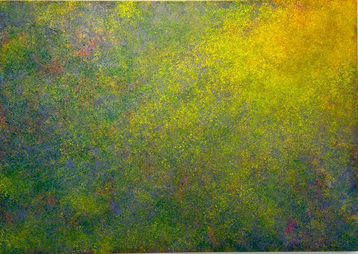 Horizontal abstract painting of fine green, violet-blue and yellow flecks, with a golden glow in the upper right corner