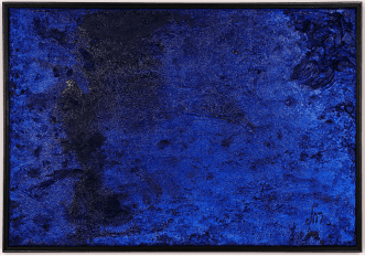 Monochrome painting in intense ultramarine blue with a rough, rock-like textured surface