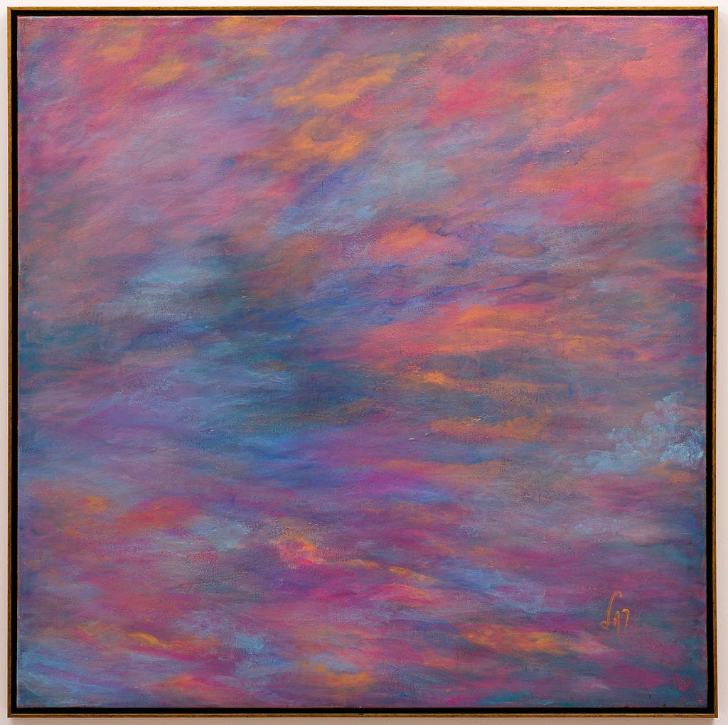 Abstract painting of a sky streaked with magenta, coral, orange and slate blue, with a small pale blue cloud at right