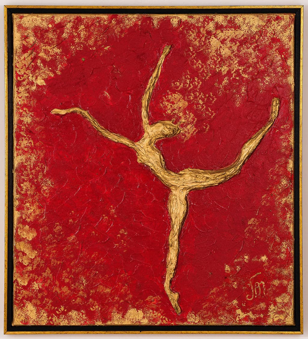 Painting of a golden dancer in relief, arms raised and one leg extended high, on a textured red background