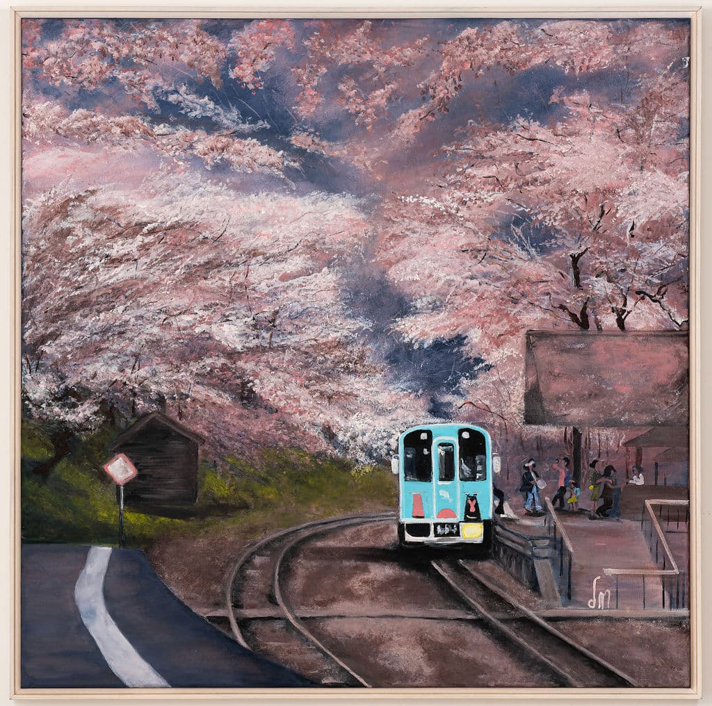 Painting of pink cherry blossom trees arching over a small station, a turquoise train on curved tracks and people waiting