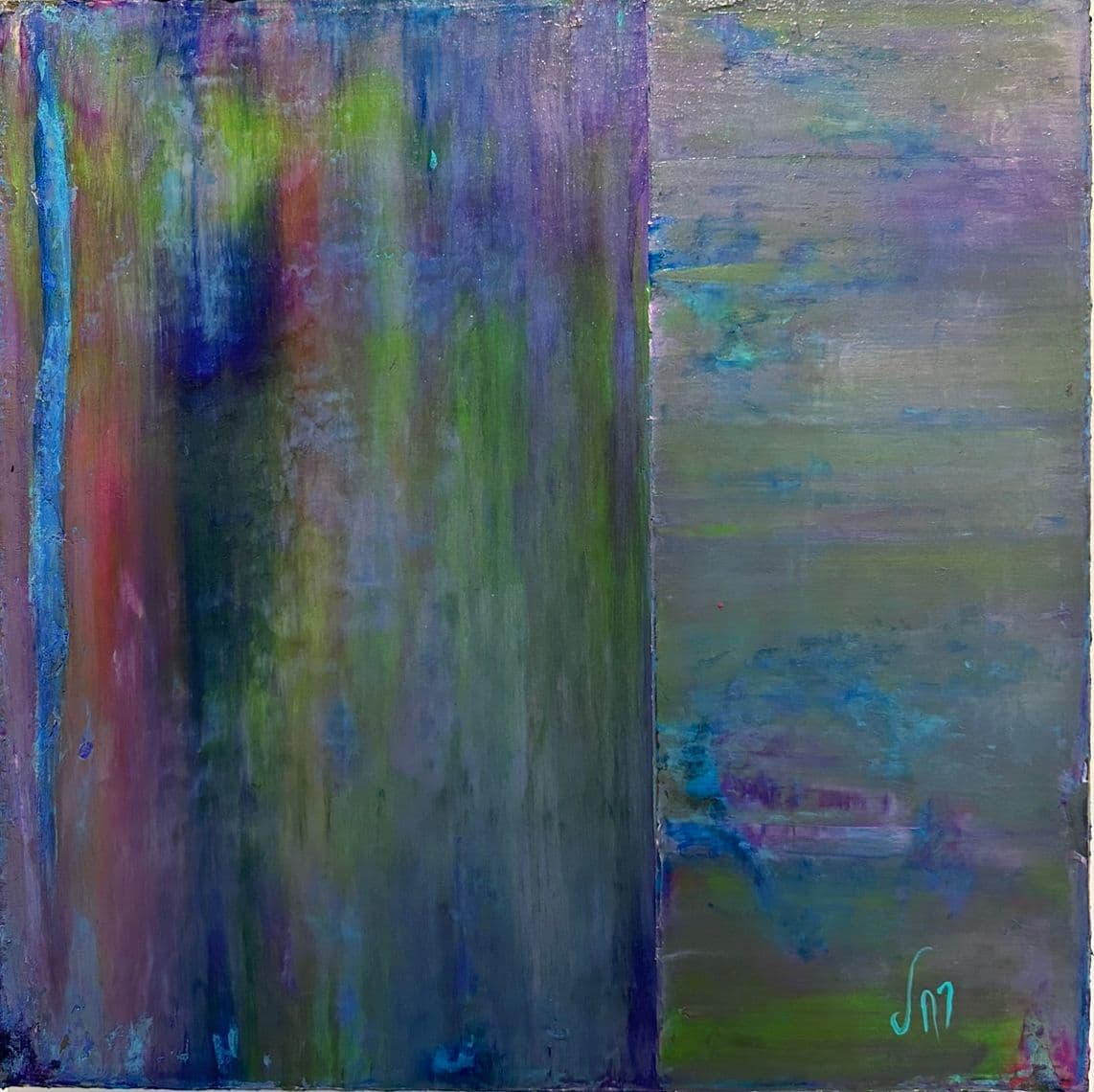 Abstract painting in two panels: vertical violet, blue and green streaks on the left, horizontal lilac bands on the right