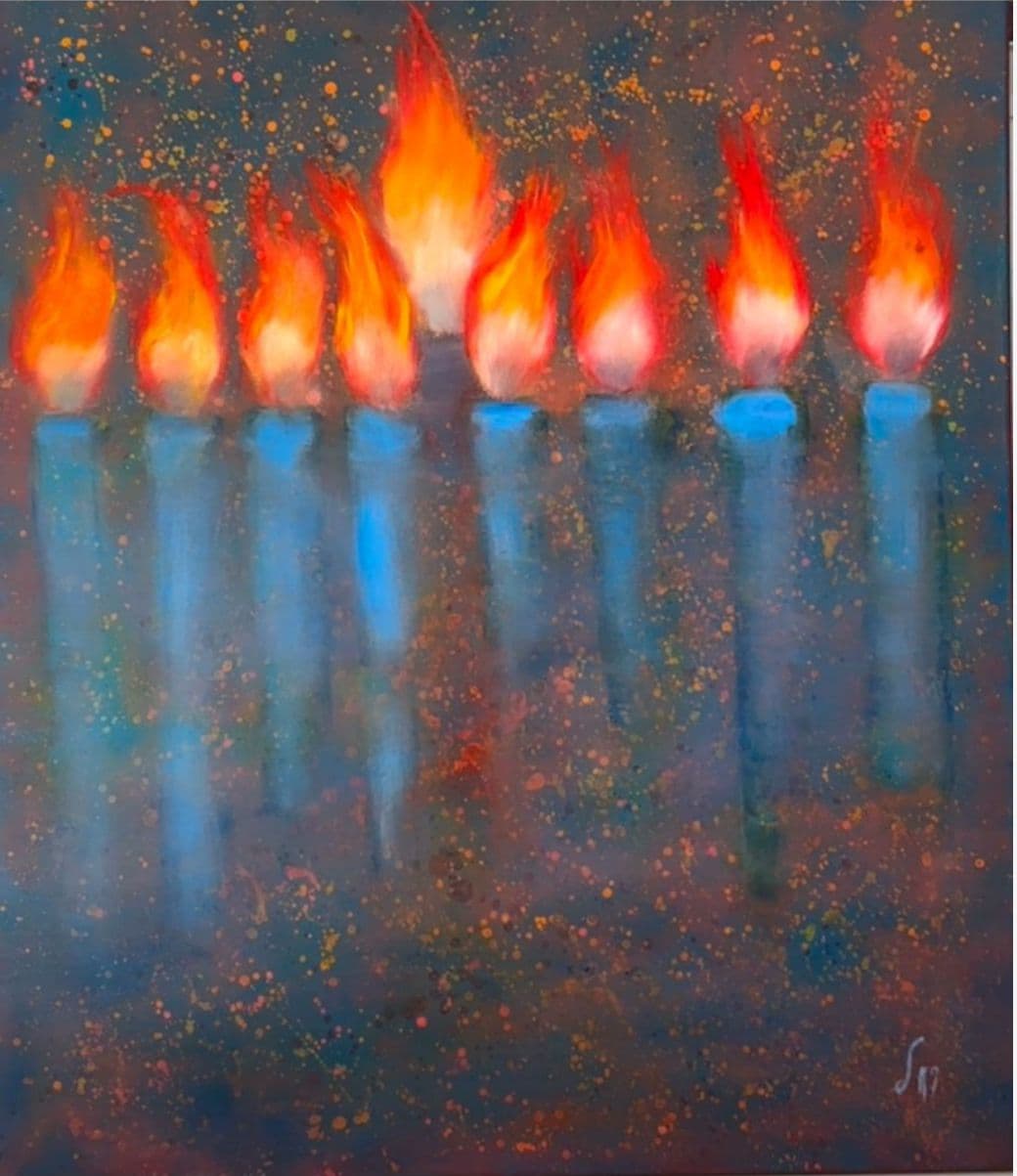 Oil painting of nine blue candles with bright orange flames, the central one higher, on a speckled blue and rust background