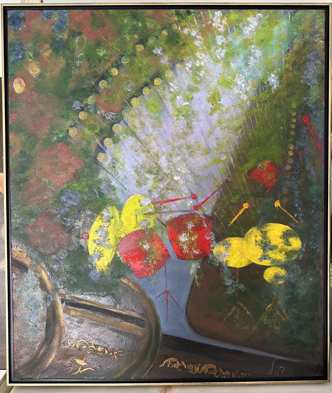 Painting of a drum kit with red drums and yellow cymbals in a lush green garden, crossed by a diagonal row of golden dots