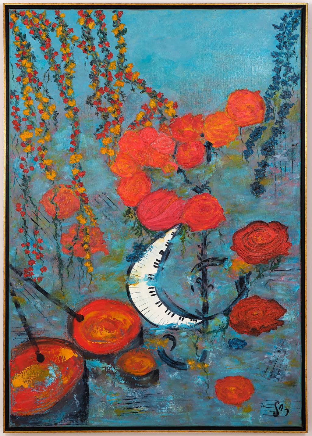 Painting of red and orange roses, hanging flower garlands, a curved piano keyboard and red drums on a turquoise ground