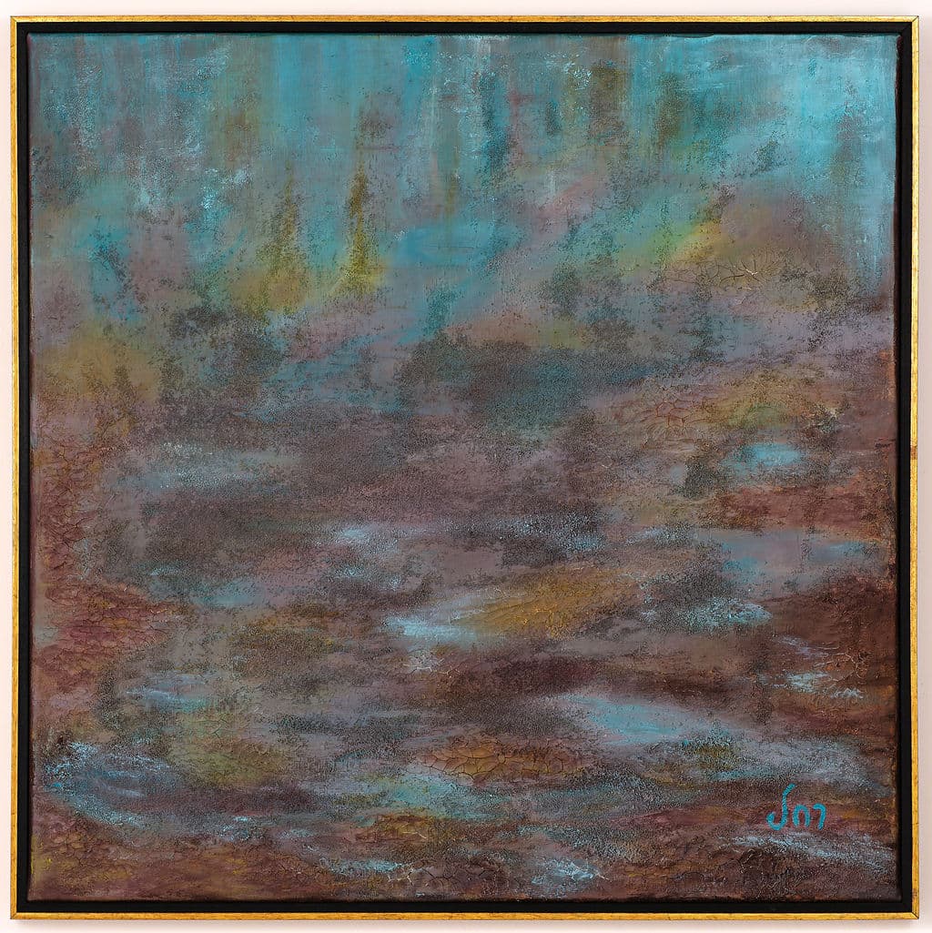 Abstract landscape in earthy brown and mauve with crackled texture, turquoise at the top and pools of pale blue