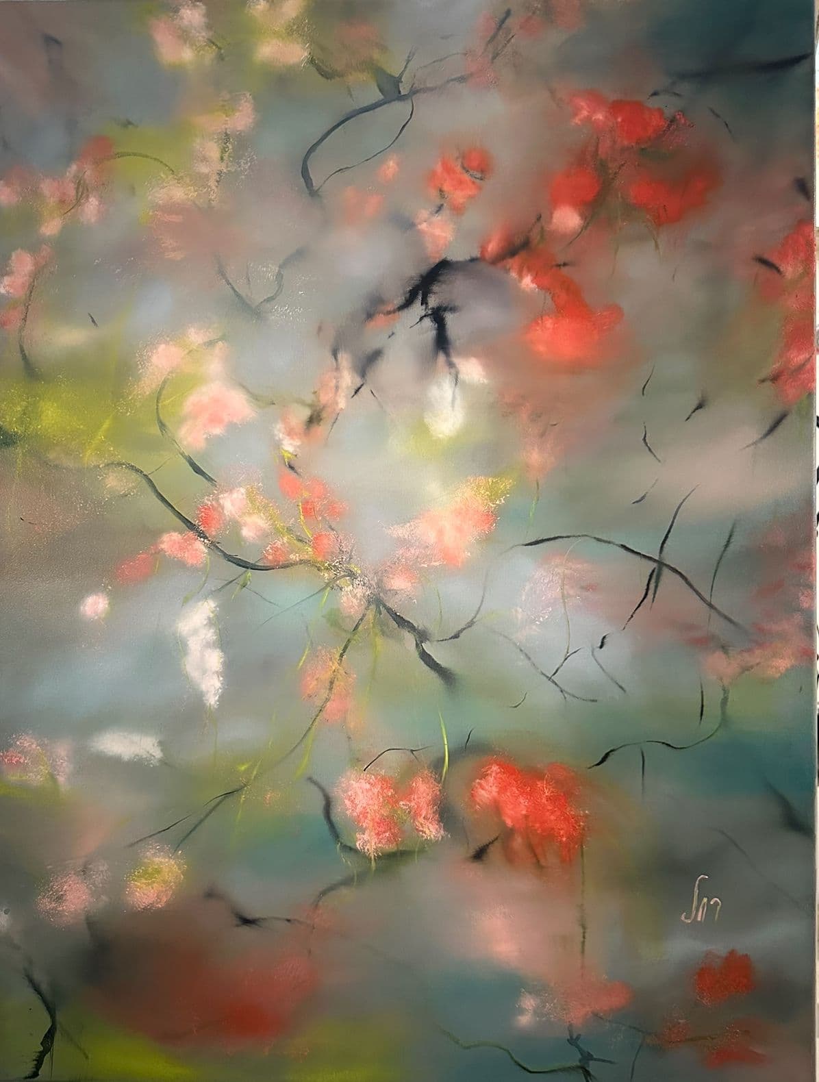 Oil painting of blurred coral, pink and white blossoms on a hazy grey and teal background, crossed by fine black lines