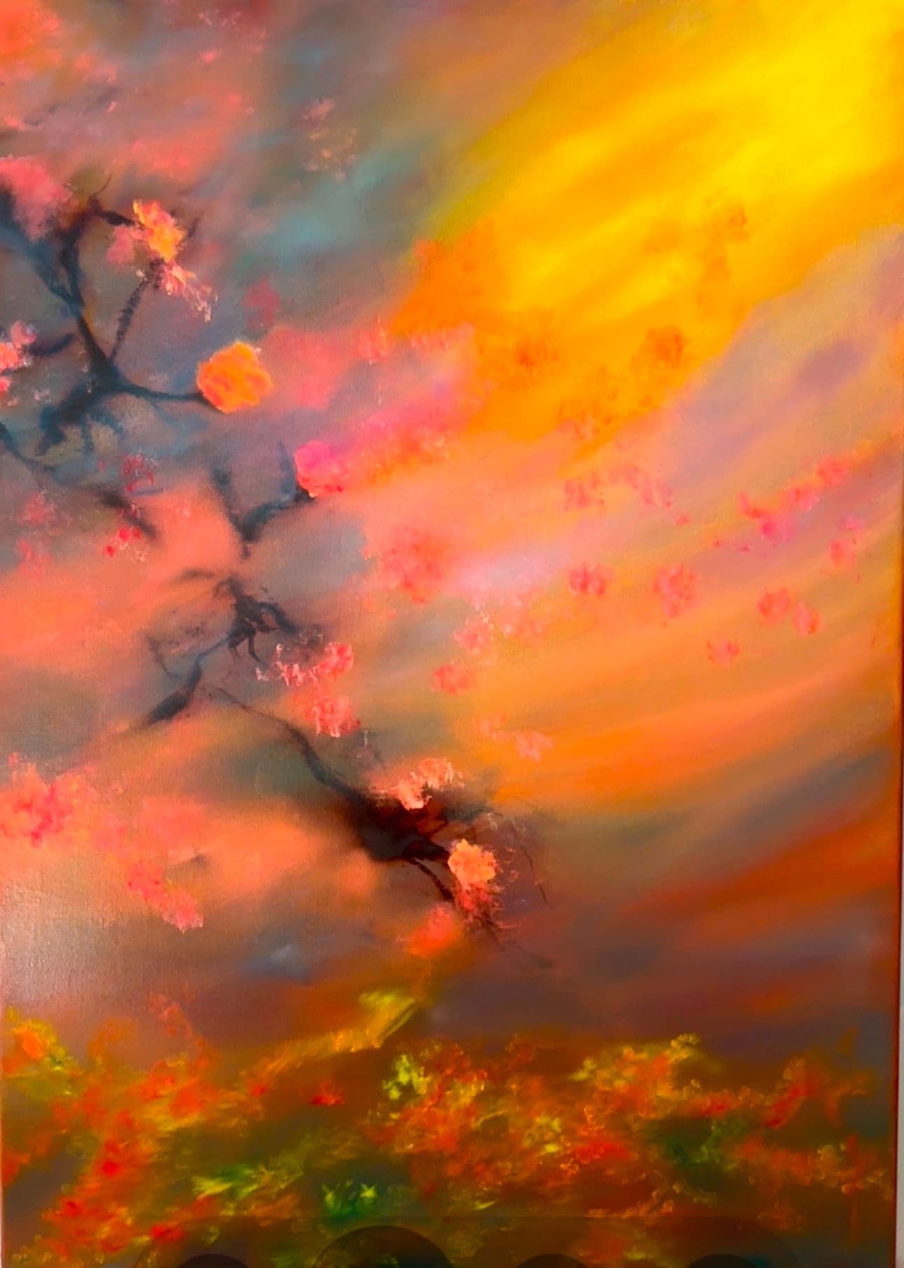 Oil painting of dark branches with pink blossoms against a glowing yellow and orange sky, with red and green foliage below