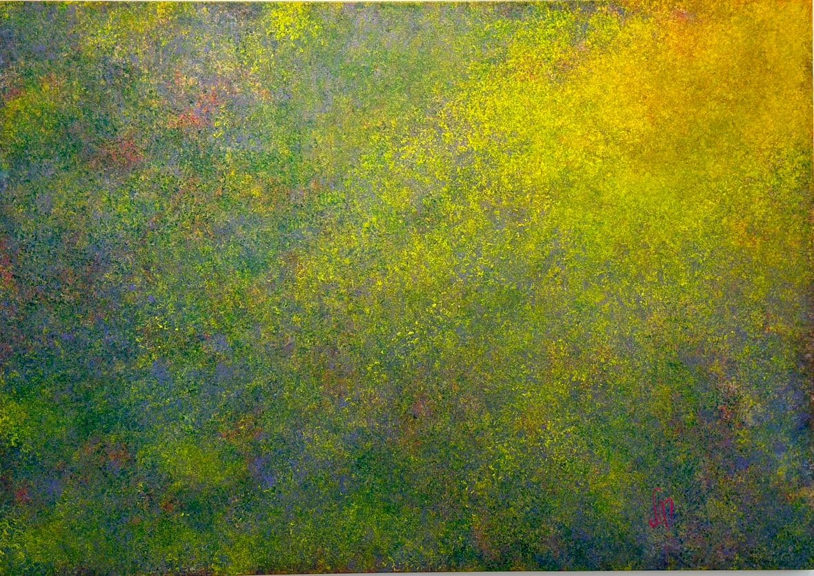 Horizontal abstract painting of fine green, violet-blue and yellow flecks, with a golden glow in the upper right corner