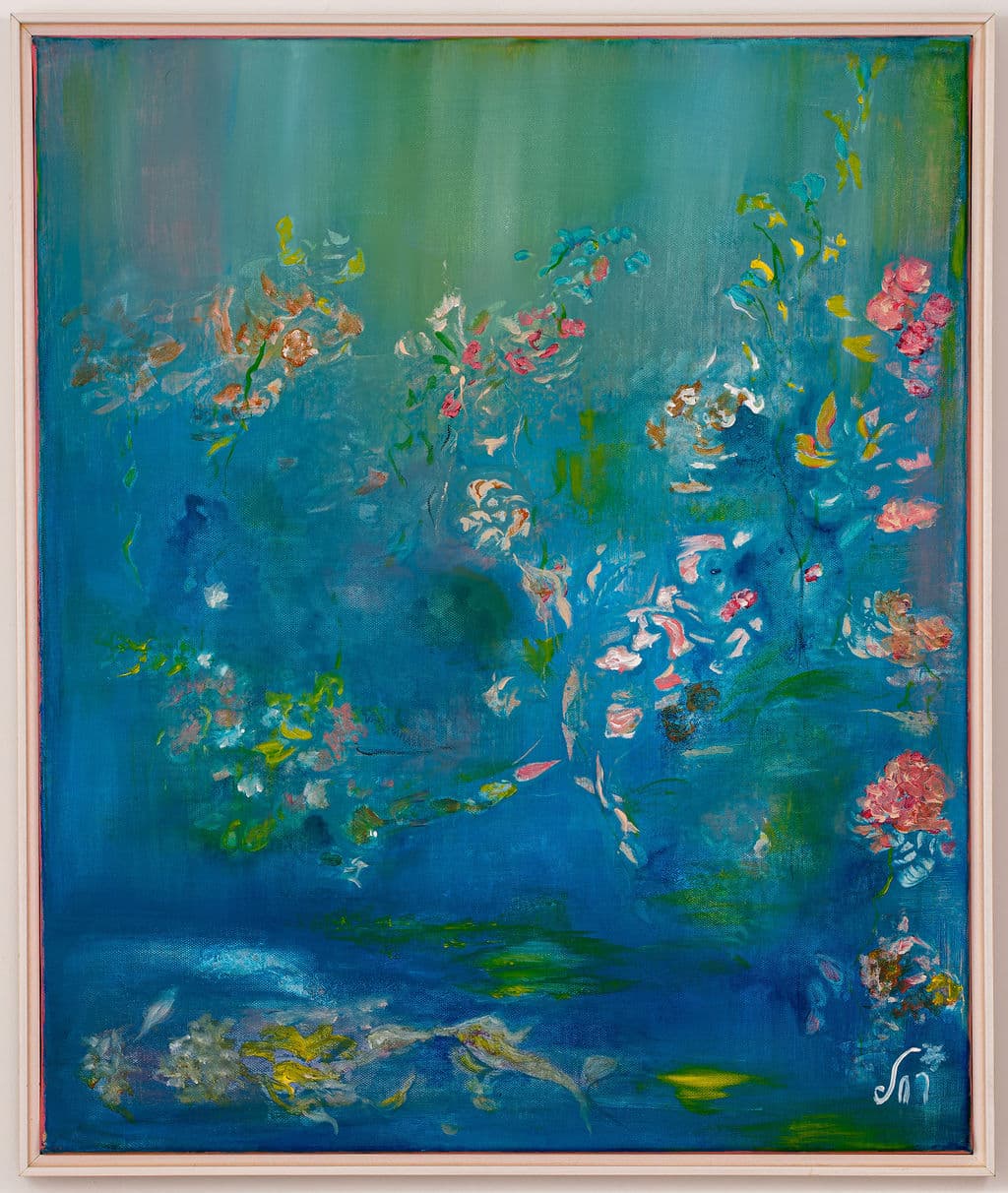 Painting of small pink, coral and white flowers floating on a deep blue and teal background with green streaks above