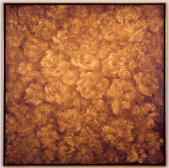 Monochrome oil painting of densely packed roses in sepia, bronze and warm brown tones, filling a square canvas