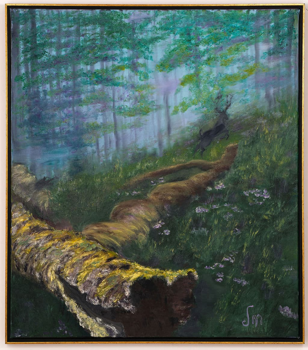 Painting of a moss-covered fallen tree in a misty forest, with lilac wildflowers and a running stag in the distance