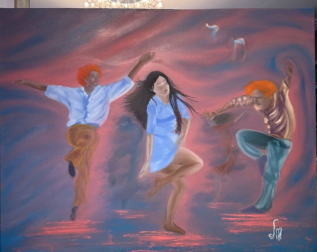 Oil painting of three dancers, a woman in a blue dress between two orange-haired men, on a swirling magenta and indigo ground