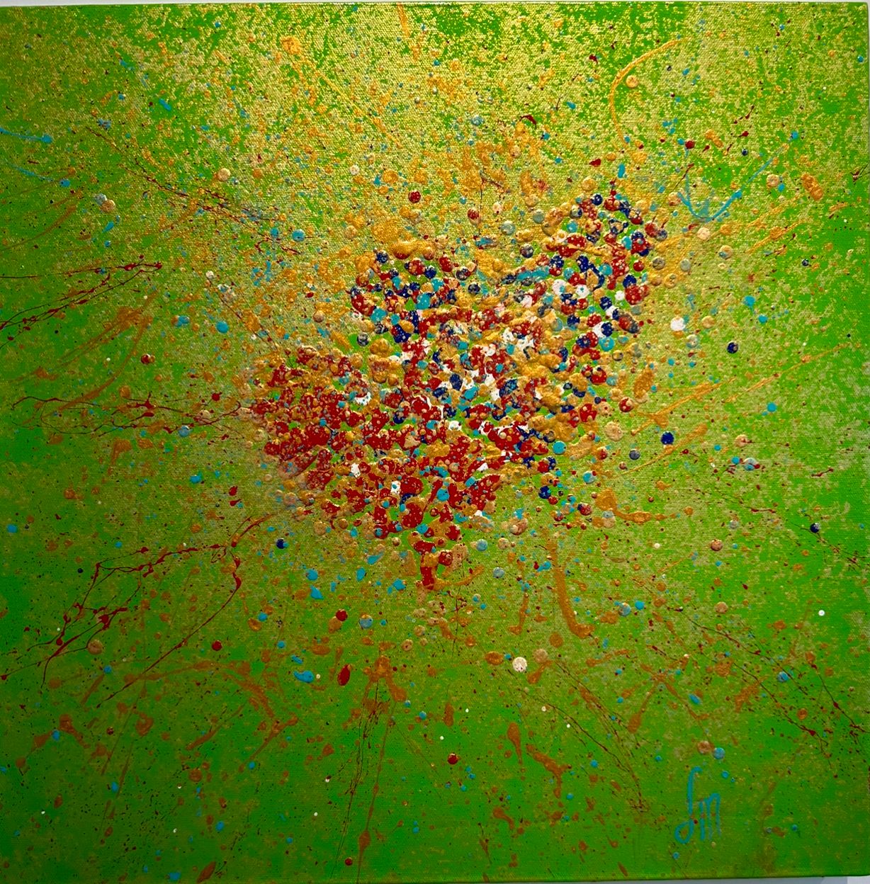 "Love 2" is an abstract mixed media artwork that evokes love with vibrant colors and a sparkling vitality, set against a green background that provides balance. It sounds captivating!
